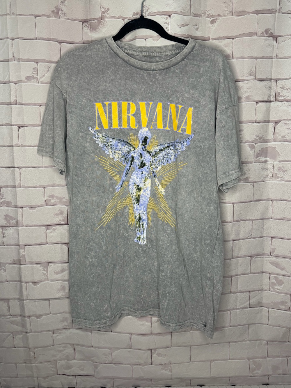 NIRVANA Gray Mineral-Wash Angel Graphic‎ Tee with Yellow Logo
